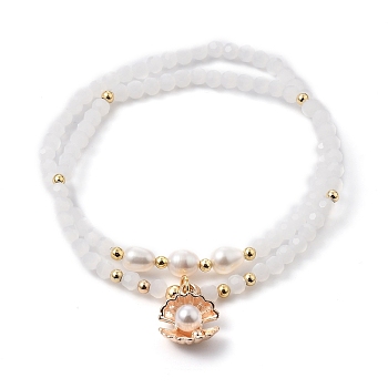 Faceted Glass Bead Stretch Bracelets, Stackable Bracelets, with Brass Bead, Natural Cultured Freshwater Pearl Bead and Alloy & Imitation Pearl Charms, Shell Shape, Golden, White, Inner Diameter: 2-1/4 inch(5.7cm), 2pcs/set