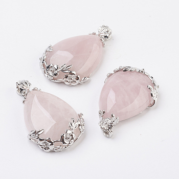 Valentine Gifts Idea for Guys Natural Rose Quartz Pendants, with Brass Findings, Drop, Platinum, 38~41x26x8mm, Hole: 5x4mm