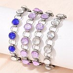 304 Stainless Steel and Glass Link Chain Bracelets for Women, Flat Round, Stainless Steel Color, Mixed Color, 7.48 inch(19cm)(GL-T001-02A)