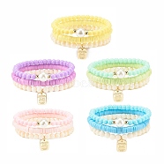 3Pcs Handmade Polymer Clay Heishi Surfer Stretch Bracelets Set with Glass Pearl, Preppy Bracelets with Alloy Word Charms for Women, Mixed Color, Inner Diameter: 2-1/8 inch(5.5cm)(BJEW-JB08072)