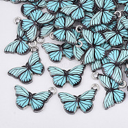 Printed Alloy Pendants, with Enamel, Butterfly, Platinum, Light Sky Blue, 13x20x2mm, Hole: 1.6mm(X-PALLOY-R111-13C)