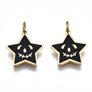 316 Surgical Stainless Steel Enamel Charms, with Jump Rings, Star, Black, Real 14K Gold Plated, 13x12x1mm, Jump Ring: 3.8x0.6mm, 2.6mm inner diameter(STAS-S116-373G)