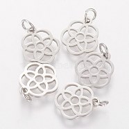 304 Stainless Steel Pendants, Flower, Stainless Steel Color, 13x12x1.1mm, Hole: 3mm(STAS-Q201-T454S)