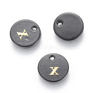 Freshwater Shell Charms, with Gold Blocking Letter, Dyed, Flat Round, Black, Letter.X, 11x1.5mm, Hole: 1.5mm(SHEL-S253-16X)