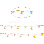 3.28 Feet Handmade Brass Scalloped Bar Chains, Soldered, with Glass Beads & Enameled Flower Charms, Long-Lasting Plated, Real 18K Gold Plated, Colorful, Link: 18x1.8x3mm, Heart: 5x5x2.8mm, Flower: 10x7x2mm(X-CHC-F011-18-G)