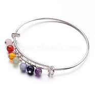 Brass Charm Bangles, Chakra Bangles, Adjustable, Silver Color Plated, with Mixed Gemstone Beads, Mixed Color, 2-1/2 inch(61mm)(BJEW-JB02545)
