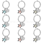 Tibetan Style Alloy & Resin Pendant Keychain, with Iron Split Key Rings, Flat Round with Heart & Sea Turtle, Mixed Color, 5cm, 3 colors, 1pc/color, 3pcs/set(KEYC-AB00023)