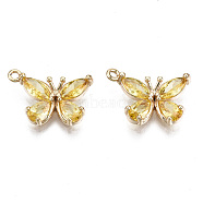 Real 18K Gold Plated Brass Micro Pave Cubic Zirconia Pendants, Nickel Free, Butterfly, Gold, 10.5x15x3mm, Hole: 1.2mm(KK-T056-59G-03-NF)