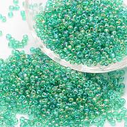 8/0 Round Glass Seed Beads, Grade A, Transparent Colours Rainbow, Medium Spring Green, 2.8~3.2mm, Hole: 1.0mm, about 15000pcs/pound(SEED-J011-F8-178)