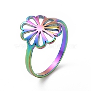 Ion Plating(IP) 201 Stainless Steel Flower Finger Ring, Hollow Wide Ring for Women, Rainbow Color, US Size 6 1/2(16.9mm)(RJEW-J051-30MC)