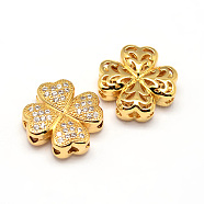 Clover Brass Micro Pave Cubic Zirconia Beads, Clear, Real 18K Gold Plated, 14x14x5mm, Hole: 1mm(ZIRC-E010-10G)