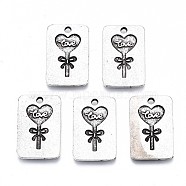 Tibetan Style Alloy Pendants, Cadmium Free & Lead Free, Rectangle with Heart, Antique Silver, 20x13x1.5mm, Hole: 1.6mm(PALLOY-Q441-058-RS)