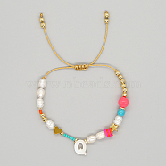 Initial Letter Natural Pearl Braided Bead Bracelet, Adjustable Bracelet, Letter Q, 11 inch(28cm)(LO8834-17)