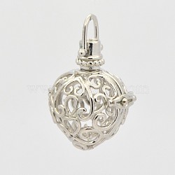 Filigree Heart Brass Cage Pendants, For Chime Ball Pendant Necklaces Making, Platinum, 35mm, 29x25x20mm, Hole: 6x6mm, 18mm inner diameter(KK-D389-02P)