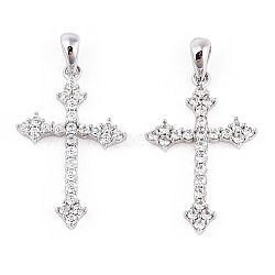 Rhodium Plated 925 Sterling Silver Micro Pave Clear Cubic Zirconia Pendants, Religion Cross Charms wit 925 Stamp, Real Platinum Plated, 27x17x2.5mm, Hole: 3x5mm(STER-T007-31P)