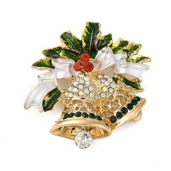 Rhinestone Alloy Brooches, Christmas Enamel Pins, Christmas Bell, 45x42mm(JEWB-M047-02G-01)