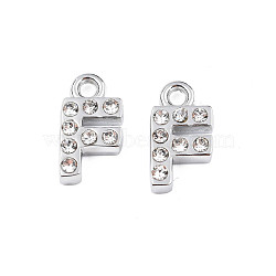 304 Stainless Steel Charms, with Crystal Rhinestone, Letter, Letter.F, 10~10.5x2~8x2mm, Hole: 1.2mm(STAS-N095-137F)