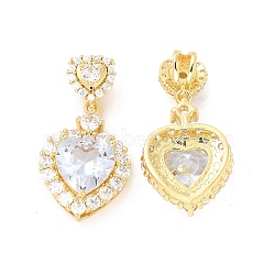 Brass Cubic Zirconia Pendants, Dangle Heart Charm, Golden, Clear, 30mm, Pendant: 23x16x8mm, Hole: 4x3.5mm(KK-H441-42D-G)