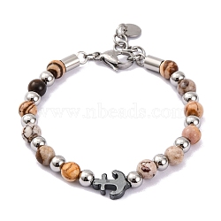 Natural Mixed Stone & Synthetic Magnetic Hematite Anchor Beaded Bracelet, 8-1/2 inch(21.5cm)(BJEW-P339-01P-01)