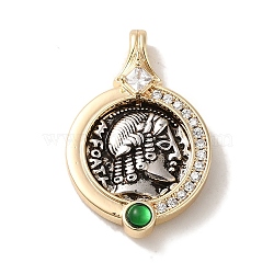 Rack Plating Brass Glass Pendants, Green, Flat Round, Real 18K Gold Plated, 27x18x4mm, Hole: 2x4mm(KK-S368-04G)