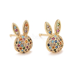 Cubic Zirconia Rabbit Stud Earrings, Real 18K Gold Plated Brass Jewelry for Women, Lead Free & Cadmium Free, Colorful, 12x7mm, Pin: 0.9mm(EJEW-A069-14G)