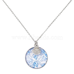 Steel Blue Glass Flat Round & Alloy Pendant Necklace, with 304 Stainless Steel Chains, Shell Shape, 18.35 inch(46.6cm)(NJEW-JN04453-01)