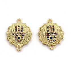 Brass Micro Pave Cubic Zirconia Links, Long-Lasting Plated, Hamsa Hand/Hand of Miriam, Real 18K Gold Plated, Colorful, 21x16x2mm, Hole: 1.4mm(ZIRC-O043-25B-G)