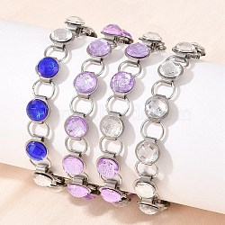 304 Stainless Steel and Glass Link Chain Bracelets for Women, Flat Round, Stainless Steel Color, Mixed Color, 7.48 inch(19cm)(GL-T001-02A)
