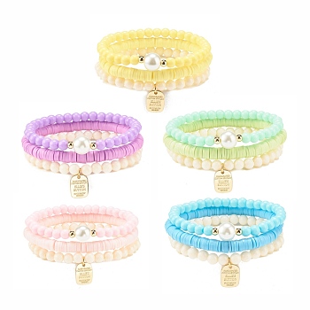 3Pcs Handmade Polymer Clay Heishi Surfer Stretch Bracelets Set with Glass Pearl, Preppy Bracelets with Alloy Word Charms for Women, Mixed Color, Inner Diameter: 2-1/8 inch(5.5cm)