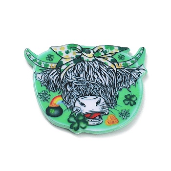 Saint Patrick's Day Theme Acrylic Pendants, Clover Charm, Cattle, 32x39.5x2.5mm, Hole: 1.8mm