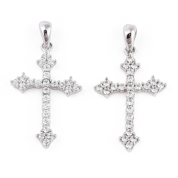 Rhodium Plated 925 Sterling Silver Micro Pave Clear Cubic Zirconia Pendants, Religion Cross Charms wit 925 Stamp, Real Platinum Plated, 27x17x2.5mm, Hole: 3x5mm