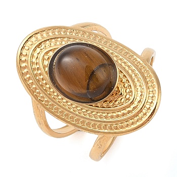 Oval Natural Tiger Eye Finger Rings, Ion Plating(IP) 304 Stainless Steel Cuff Rings for Women, Soldered, Real 14K Gold Plated, 24mm, Gemstone: 11.5x9.5mm, Adjustable