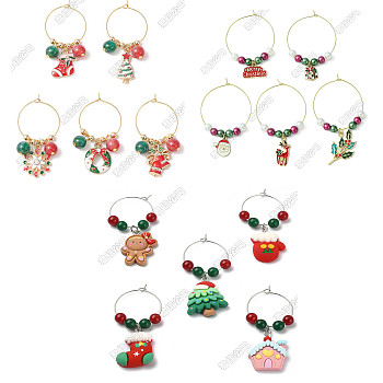 15Pcs Christmas Theme Alloy Enamel Wine Glass Charms, Brass Resin & Glass Beads Wine Glass Charms, Mixed Color, 46~75mm