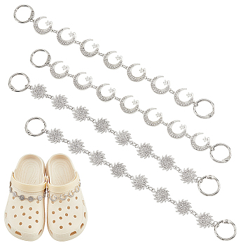 Sun & Moon with Star Shoe Decoration Chain, Alloy Rhinestone Link Shoe Chain,  with Iron Book Binder Hinged Rings, Platinum, 112~125mm, 2 style, 2pcs/style, 4pcs/set