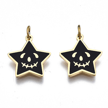 316 Surgical Stainless Steel Enamel Charms, with Jump Rings, Star, Black, Real 14K Gold Plated, 13x12x1mm, Jump Ring: 3.8x0.6mm, 2.6mm inner diameter