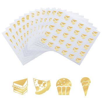 80 Sheets 4 Patterns PVC Waterproof Self-Adhesive Sticker Sets, Cartoon Decals for Gift Cards Decoration, Gold Color, Cake Pattern, 100x78x0.1mm, Stickers: 12x12mm, 30pcs/sheet, 20 sheets/pattern