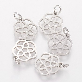 304 Stainless Steel Pendants, Flower, Stainless Steel Color, 13x12x1.1mm, Hole: 3mm
