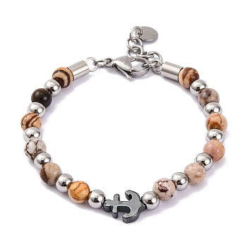 Natural Mixed Stone & Synthetic Magnetic Hematite Anchor Beaded Bracelet, 8-1/2 inch(21.5cm)