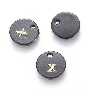 Freshwater Shell Charms, with Gold Blocking Letter, Dyed, Flat Round, Black, Letter.X, 11x1.5mm, Hole: 1.5mm