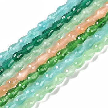 Cat Eye Beads Strands, Faceted, Teardrop, Sea Green, 8x6mm, Hole: 0.9mm, about 45pcs/strand, 14.76~14.96 inch(37.5~38cm)