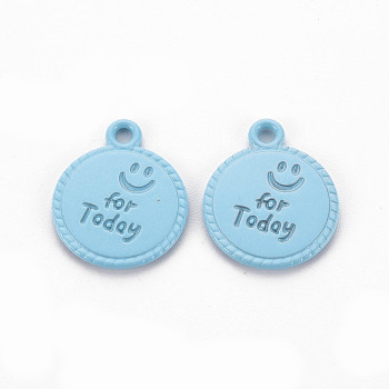 Spray Painted Alloy Pendants, Cadmium Free & Lead Free, Flat Round with Word For Today, Light Sky Blue, 17x14x1.5mm, Hole: 1.8mm