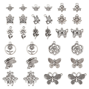 30Pcs 15 Style Tibetan Style Alloy Pendants, Insect Charms, Antique Silver, 10~25.5x9.5~29x1.5~13mm, Hole: 1.4~2mm, 2pcs/style