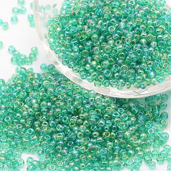 8/0 Round Glass Seed Beads, Grade A, Transparent Colours Rainbow, Medium Spring Green, 2.8~3.2mm, Hole: 1.0mm, about 15000pcs/pound