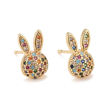Cubic Zirconia Rabbit Stud Earrings, Real 18K Gold Plated Brass Jewelry for Women, Lead Free & Cadmium Free, Colorful, 12x7mm, Pin: 0.9mm