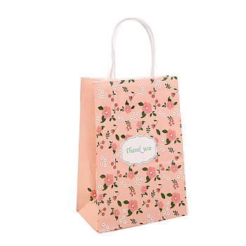 Kraft Paper Bags, with Handle, Gift Bags, Shopping Bags, Rectangle with Flower Pattern, Light Coral, 15x8x21cm