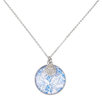 Steel Blue Glass Flat Round & Alloy Pendant Necklace, with 304 Stainless Steel Chains, Shell Shape, 18.35 inch(46.6cm)