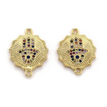 Brass Micro Pave Cubic Zirconia Links, Long-Lasting Plated, Hamsa Hand/Hand of Miriam, Real 18K Gold Plated, Colorful, 21x16x2mm, Hole: 1.4mm