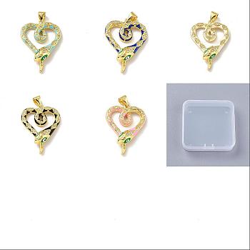 5Pcs 5 Colors Brass Micro Pave Clear Cubic Zirconia Pendants, with Enamel, Real 18K Gold Plated, Lead Free & Cadmium Free & Nickel Free, Heart with Snake, Mixed Color, 27x19.5x5mm, Hole: 4.5x3.5mm, 1pc/color