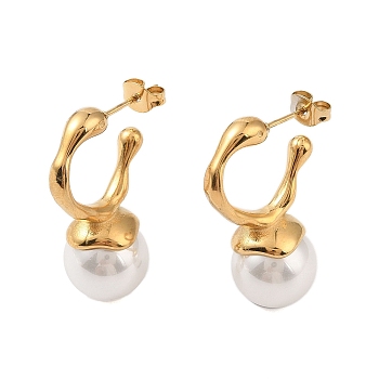 Ion Plating(IP) 304 Stainless Steel with ABS Imitation Pearl Stud Earrings for Women, U Shape, Golden, 29x12mm