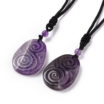 Adjustable Natural Amethyst Teardrop with Spiral Pendant Necklace with Nylon Cord for Women, 35.43 inch(90cm)